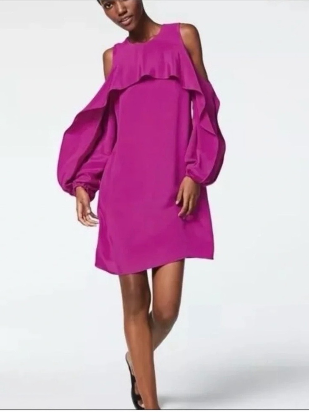Kobi Halperin 100% Silk Magenta Cold Shoulder Ruffle Dress Size Small AS IS